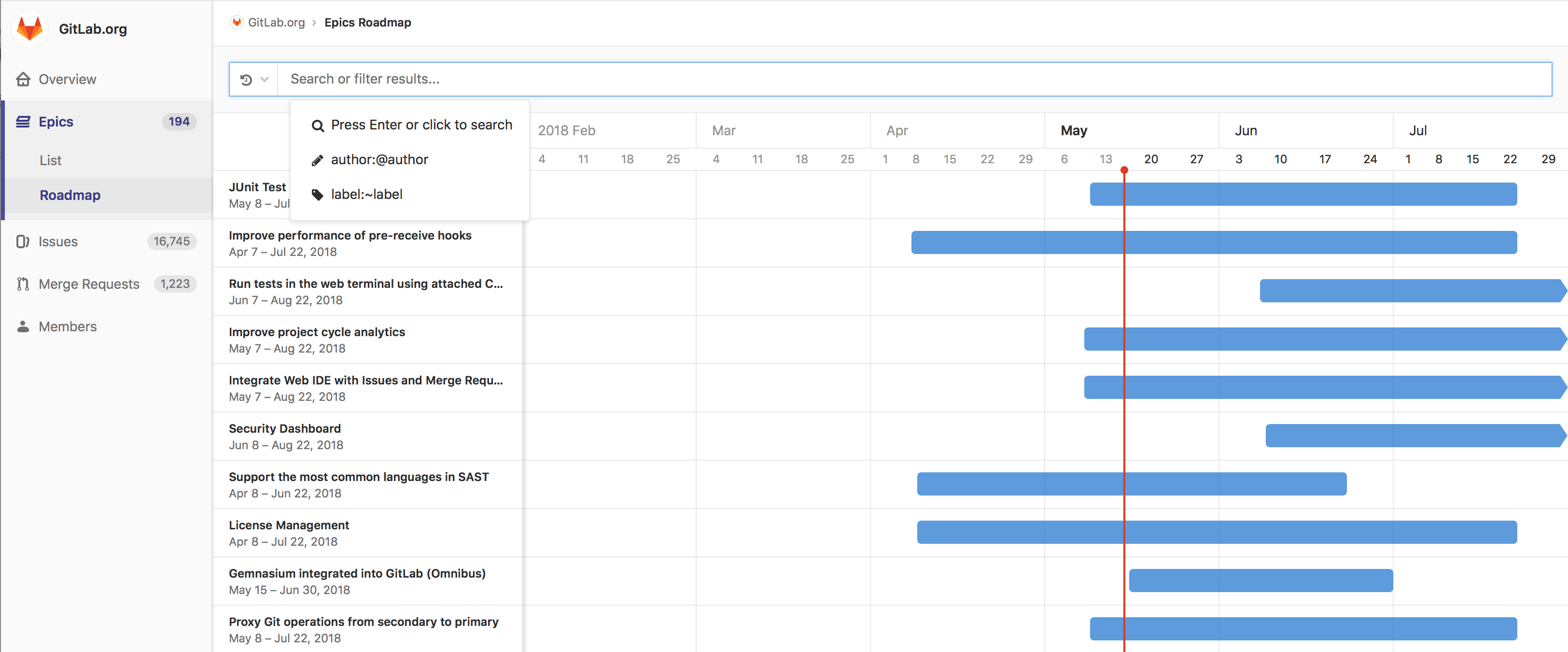 Epic roadmap search and filter bar