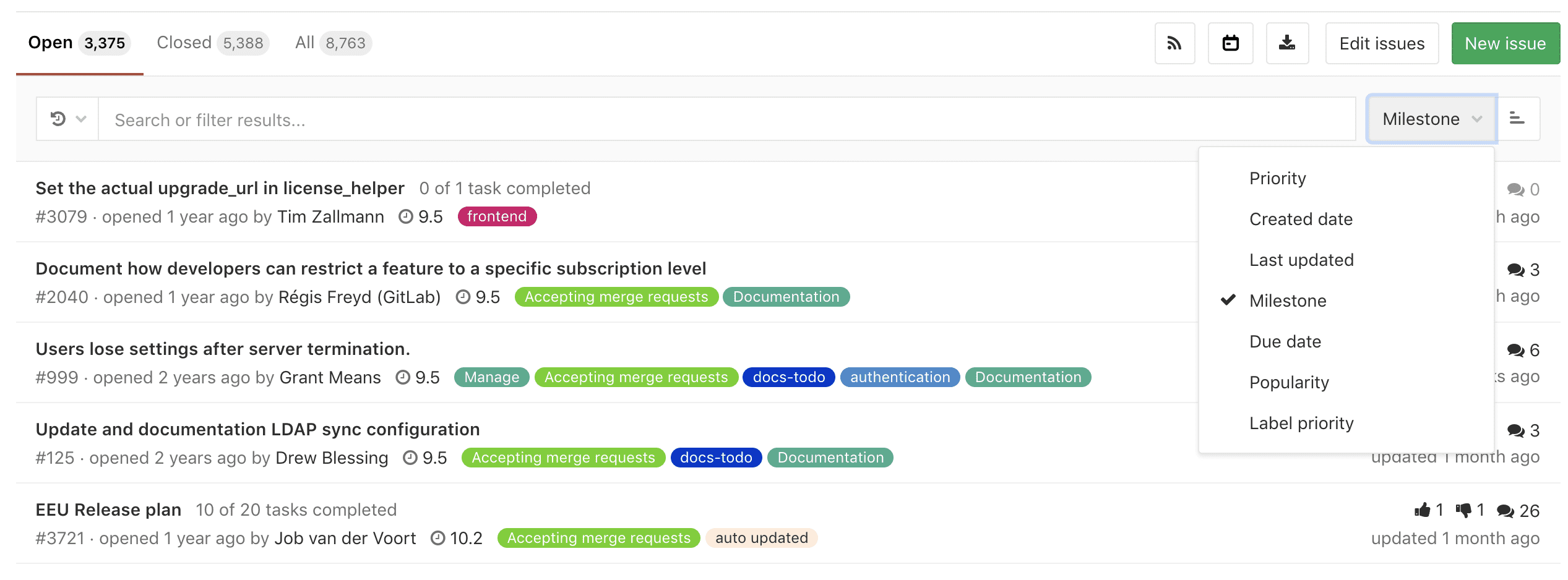 Per-user saved sort order in issues, merge requests, and epics