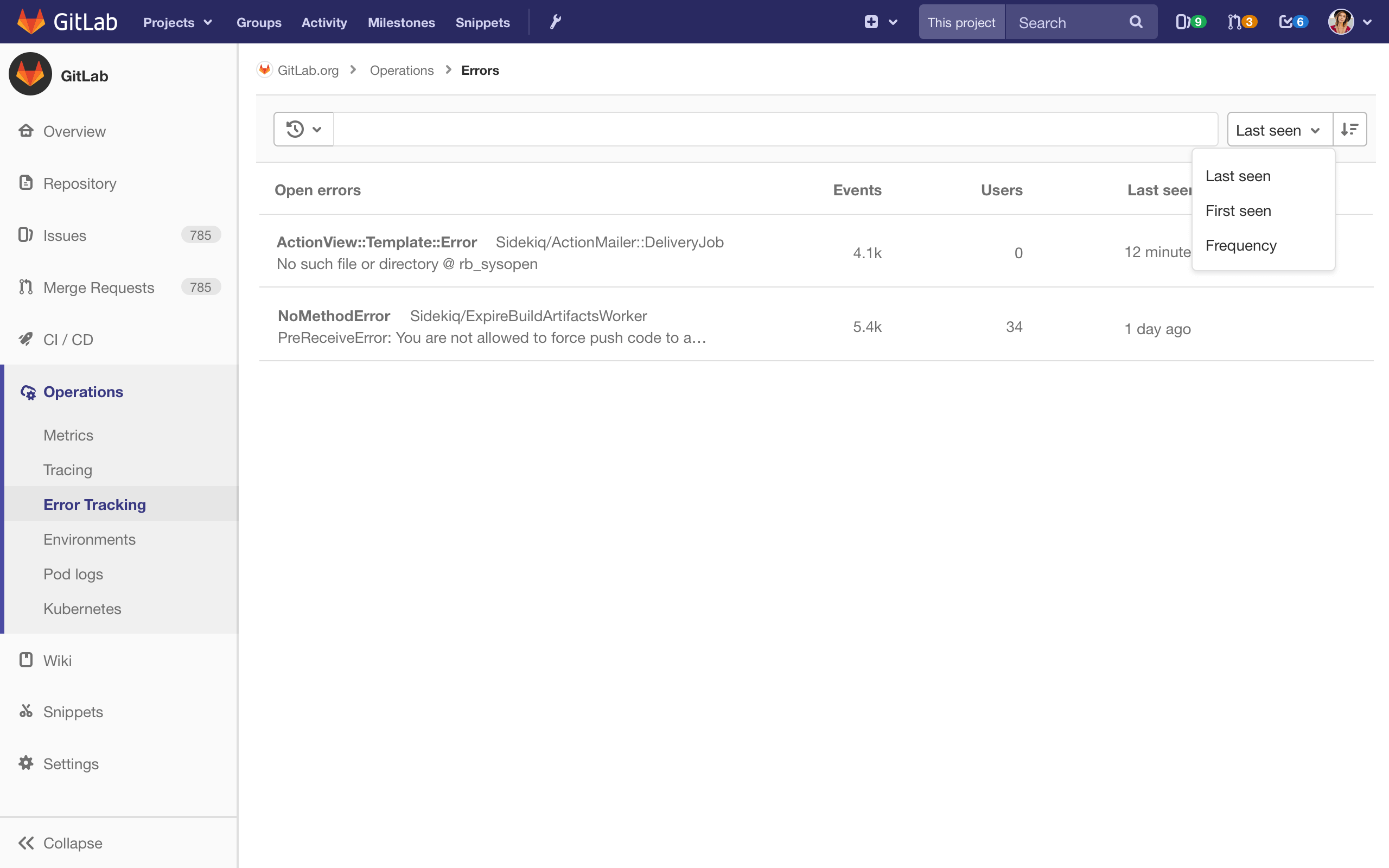 Sort error list by first seen, last seen and frequency