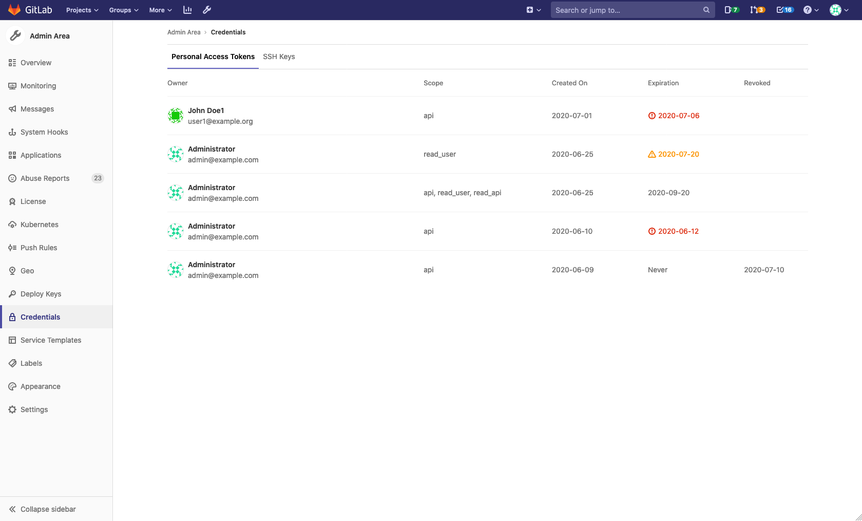 Show expired or revoked SSH keys and PATs in the credentials inventory