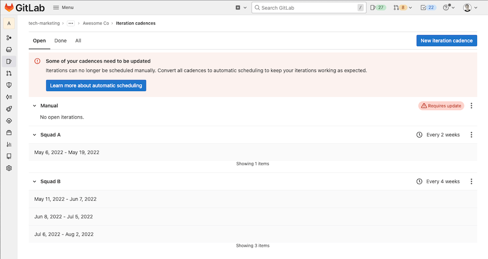 Plan and schedule issues with automated iteration cadences