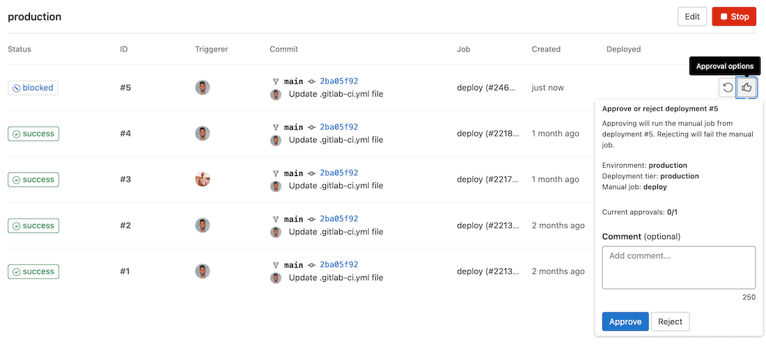 Approve deployments from the Environments detail page