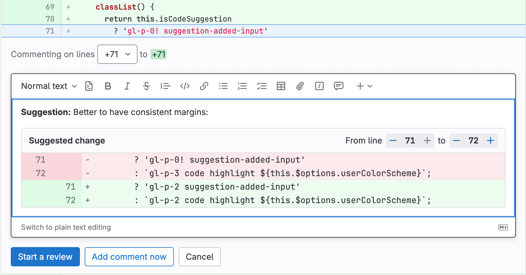 Interactive diff suggestions in merge requests