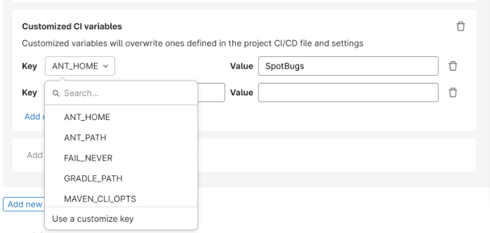 Support for custom CI variables in the Scan Execution Policies editor