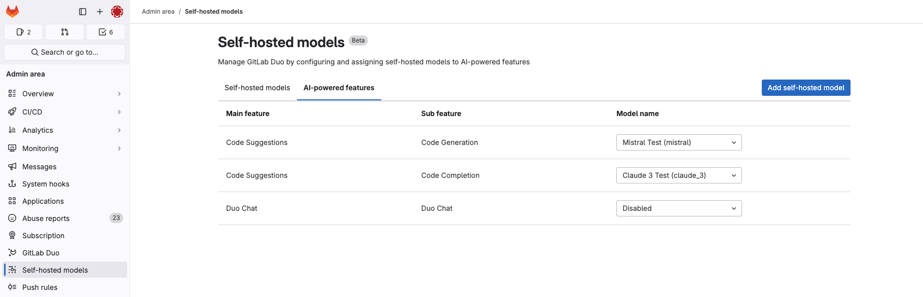 Use self-hosted model for GitLab Duo Code Suggestions