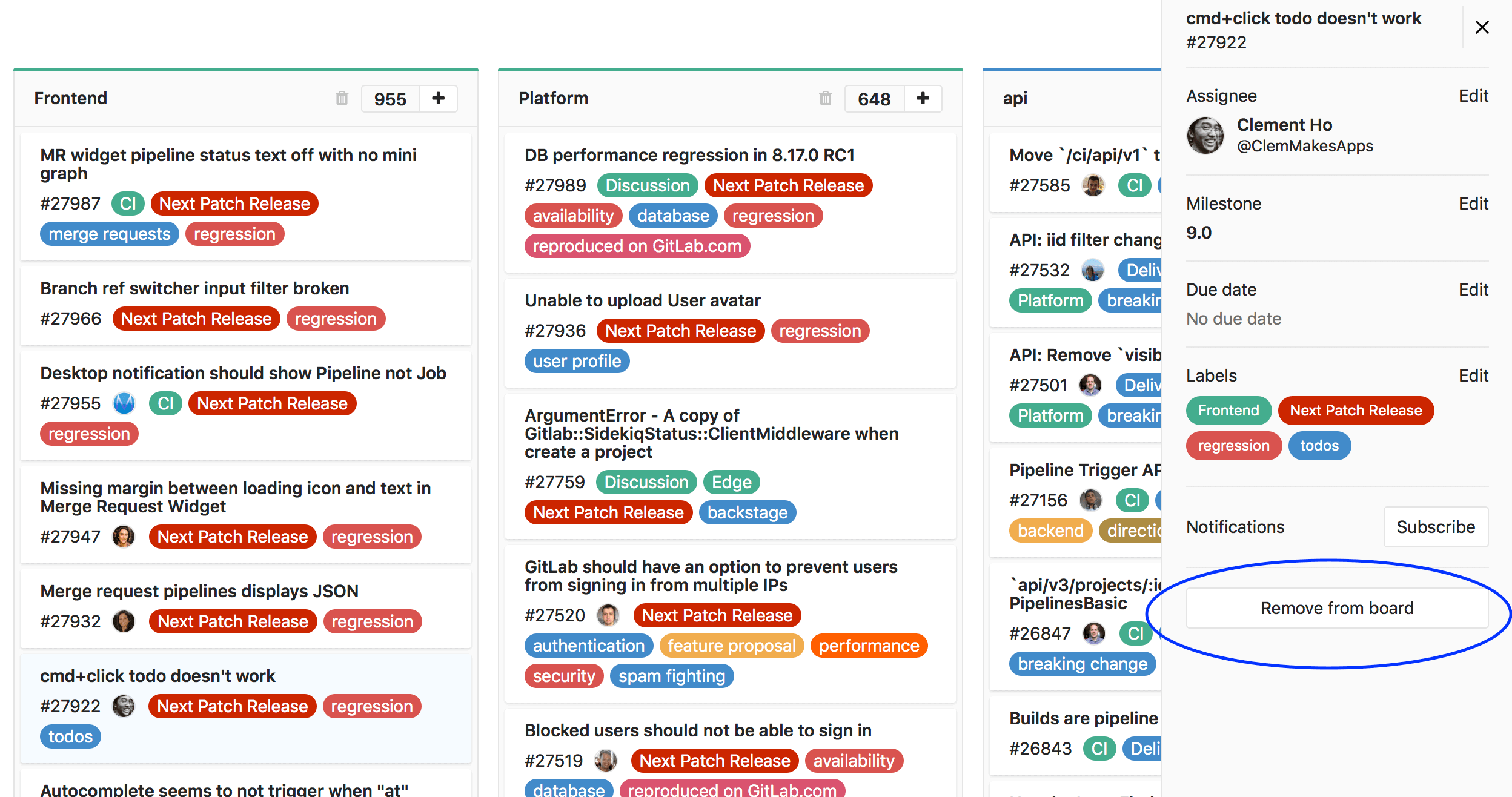 Remove issue from board in GitLab 8.17