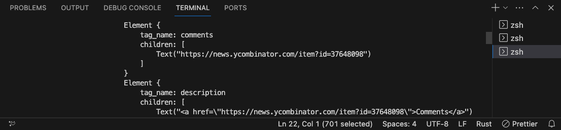 VS Code terminal, cargo run to fetch Hacker News XML feed